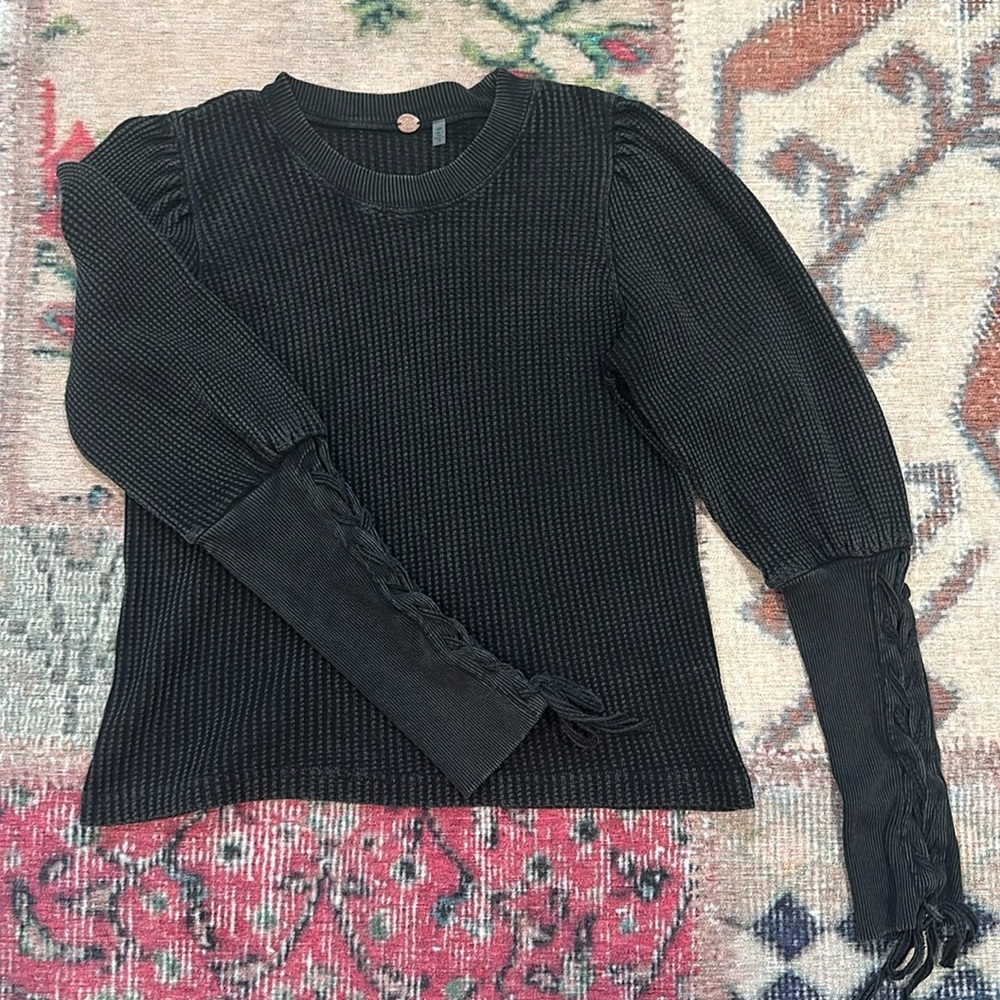 Waffle Knit Puff Sleeve Top with Tie Sleeve Details